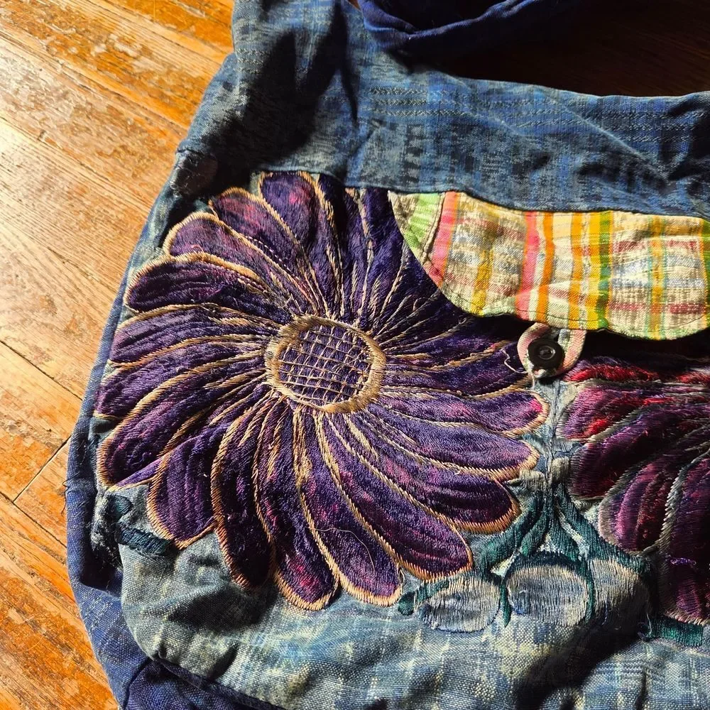Handmade Patchwork Bag | Blue Purple Boho Shoulder Tote Artistic Everyday - Picture 2 of 6